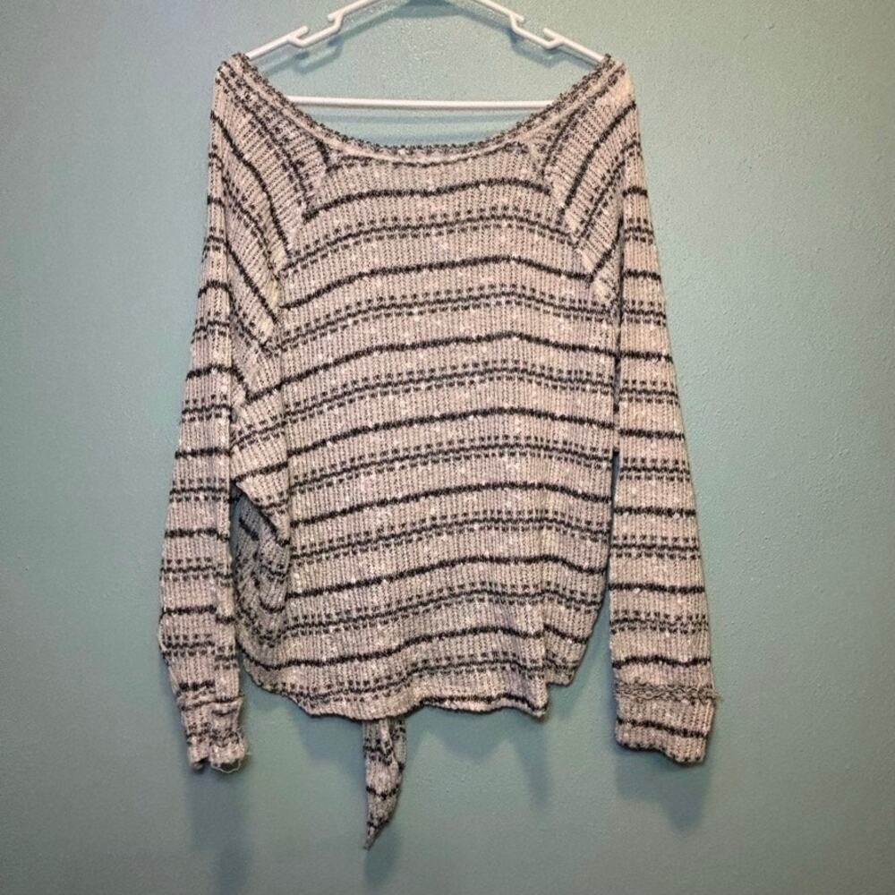 Altar'd State Striped V-Neck Tie Front Sweater Top Small Gray Blue White Knit - Picture 8 of 8